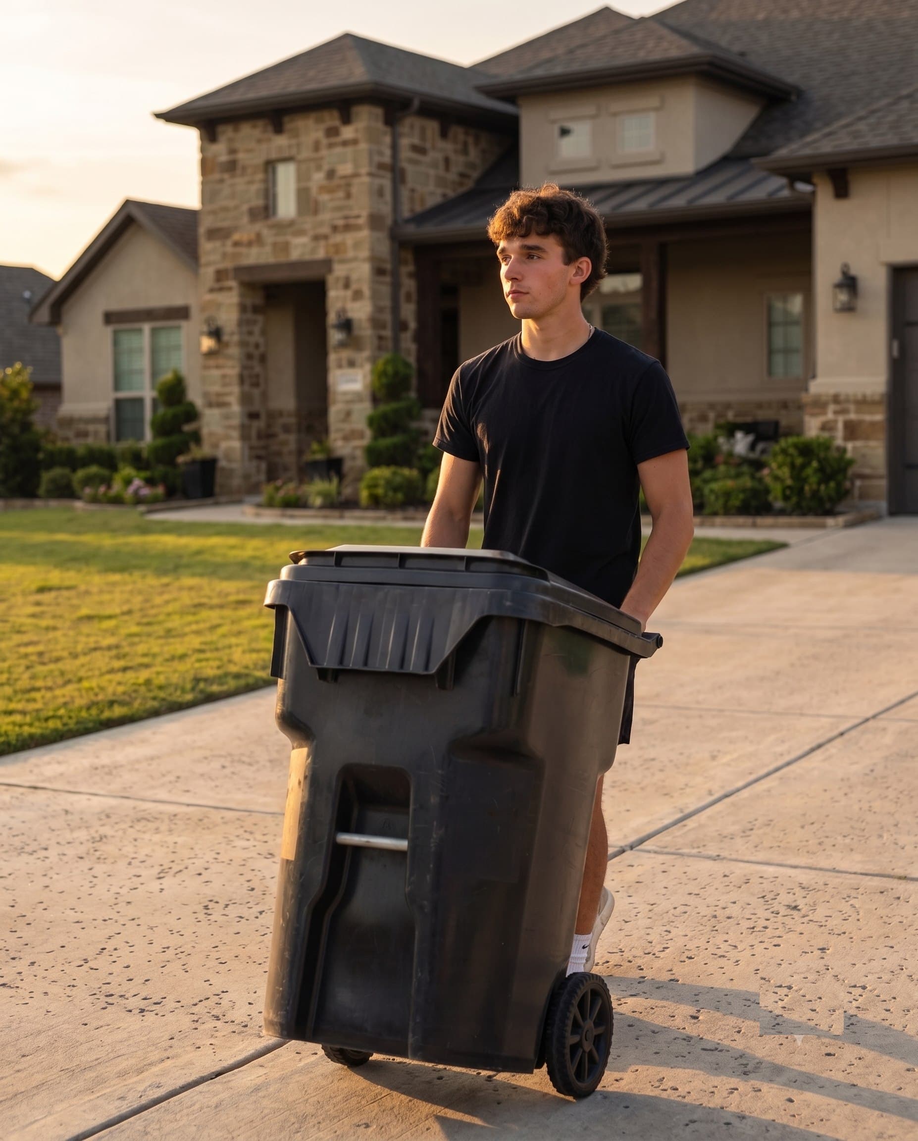 Rolling a resident's trash bin up the driveway at golden hour in Walsh Ranch